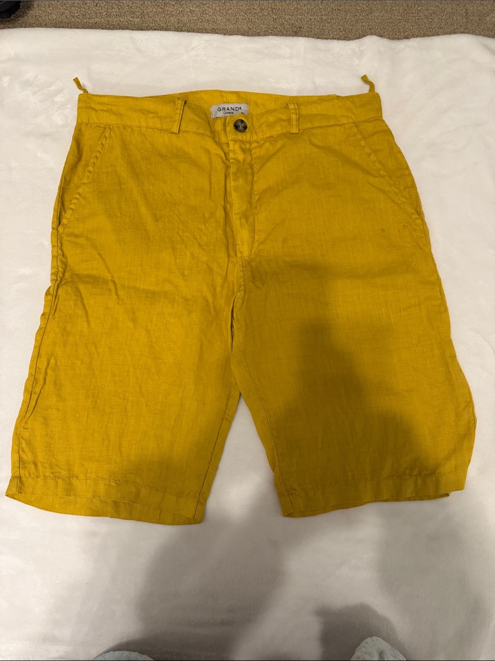 Grand Greece 100% Linen Men’s Zip -Front Shorts in Mustard Yellow